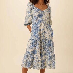Francine Cotswolds Blue Toile Floral Midi Dress with Puff Sleeves